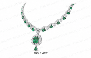 Exquisite luxury <b>necklace</b> in 18K white gold with emerald green center stones and round diamonds in elegant floral inspired - Product Image 2