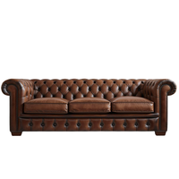 Sofá Cama Clásico de Cuero Marrón Estilo Mid-Century Modern, 3 Plazas, Tapizado Profundo, Detalles con Tachuelas, Ecológico, de Lujo, para Sala de Estar o Villa