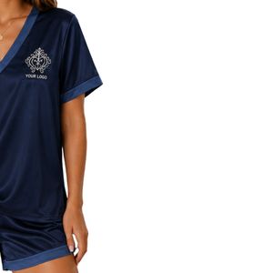 Conjunto de Pijama de Satén Azul Marino para Mujer, Cuello en V, Manga Corta, Top y Pantalones Cortos, Ropa de Dormir Suave, Ropa de Casa, Personalizable OEM - Product Image 4