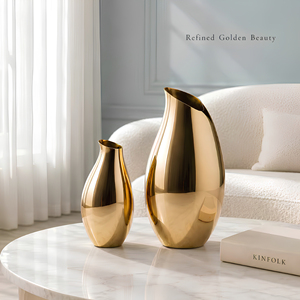 Vase en aluminium moderne de luxe, durable, finition mate dorée métallique, forme sculpturale, silhouette incurvée, ouverture angulaire, élégant pour la table - Product Image 3