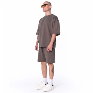 Ensemble t-shirt et short en coton pour homme, de bonne qualité, col rond, couleur unie, vêtements décontractés d'été, tissu respirant en maille - Product Image 6