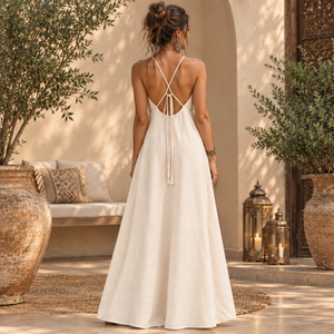 Combinaison à jambes larges ivoire pour femmes |   Combinaison sans manches à col en V brodée avec poches, légère, idéale pour les voyages et les vacances, style une pièce - Product Image 3