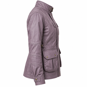 <b>Womens</b> Purple Leather Field Jacket Stand Collar Utility Pocket Zipper <b>Outerwear</b> Casual Retro Trucker Biker Windproof Coat - Product Image 3