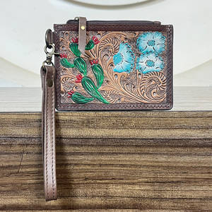 Portefeuille mini-bracelet en cuir véritable pleine fleur pour femme, élégant, motif floral cactus, fermeture éclair, porte-cartes de crédit, vente en gros - Product Image 3