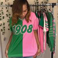   Camiseta de Béisbol para Mujer, Diseño Mitad y Mitad, con Letras Griegas Bordadas, Premium, con Botones, Estilo Deportivo