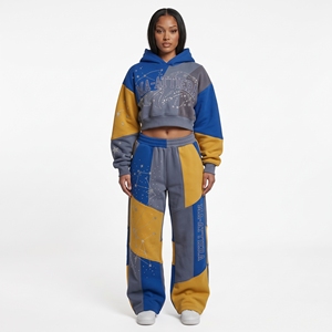 <b>Womens</b> Cropped Hoodie <b>Jogger</b> Tracksuit Set Custom Patchwork Rhinestone Streetwear Activewear Two Piece <b>Outfit</b> Style - Product Image 1