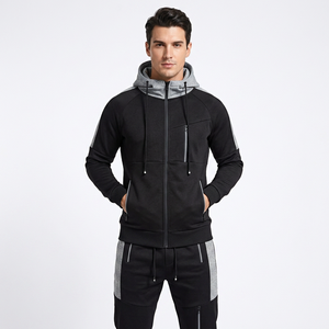 Ensemble de survêtement noir à capuche pour homme, couleur unie, manches longues, fermeture éclair, tenue décontractée de jogging avec poches latérales, idéal pour l'automne - Product Image 4