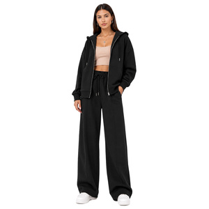 Front Zip <b>Jacket</b> Women's Drop Shoulder Hoodies Loose Fit Matching Sweatpants with <b>Straight</b> Piping Detail Custom Winter Tracksuit - Product Image 4