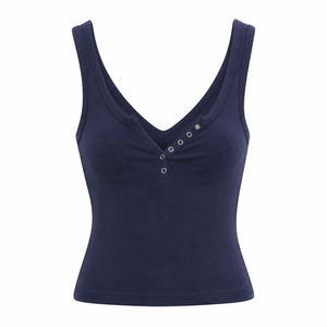 <b>Women's</b> <b>Navy</b> Blue Ribbed V-Neck Tank <b>Top</b> With Button Detail Casual Sleeveless Knitted <b>Top</b> - Product Image 2