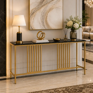 Console de luxe en marbre noir avec pieds verticaux en métal doré, disponible à prix de gros. - Product Image 1