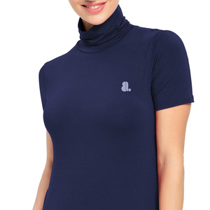 Haut décontracté à col roulé et manches courtes pour femme, en jersey uni, coupe régulière, respirant, en coton biologique non tissé 160g, avec logo, idéal pour l'été - Product Image 5