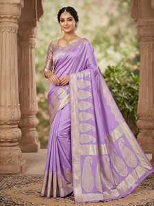 <b>Purple</b> BANARASI KATAN Silk <b>Saree</b> With Gold Paisley Border Traditional Indian Wedding Wear For Women Floor-Length Regular Fit - Product Image 6
