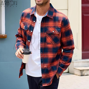 Bon Fournisseur, Nouvelle Collection, Nouveau Design, Chemise en Flanelle à Carreaux Orange et Noir, Manches Longues, Boutonnée, Style Casual, avec Deux Poches - Product Image 2