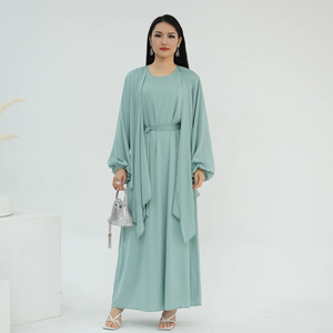 Ensemble Abaya 2 Pièces en Satin, Kimono de Dubaï, Robe Longue sans Manches, Tenue de Prière Musulmane pour Femme, Robe Marocaine Femme Musulmane - Product Image 2