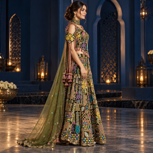 Multicolor Georgette Lehenga Choli Heavy Zari and Thread Work | Designer Indian Ethnic Wedding Set with <b>Net</b> <b>Dupatta</b> and Tassels - Product Image 3