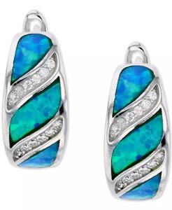 Orecchini a cerchio Huggie blu Opal e Cubic Zirconia creati da laboratorio in argento Sterling | Macacy's - Product Image 1
