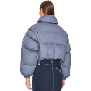 Wholesales Price <b>Women</b> Winter <b>Cropped</b> Blue <b>Puffer</b> <b>Jacket</b> Puff Sleeve Turn-Down Collar Front Pocket Quilted Winter Coat - Product Image 2