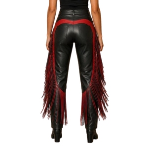Pantalon en cuir noir et rouge à franges pour femme, style western cowgirl – Pantalon à franges taille haute en cuir véritable fait main - Product Image 2