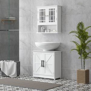 Mobiletto da Bagno Stile Rustico con Lavabo Integrato, 2 Ante Scorrevoli e Ripiano Regolabile, Colore Bianco - Product Image 2