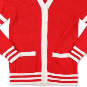 Cárdigan de punto para mujer, estilo preppy, color rojo crema en contraste, manga larga, cuello vuelto, con bolsillos, para otoño. - Product Image 3