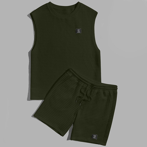 Mens Sleeveless Printed T Shirt Shorts <b>Set</b> Waffle <b>Knit</b> Summer Two Piece Outfit Breathable Lightweight Casual Loungewear - Product Image 6