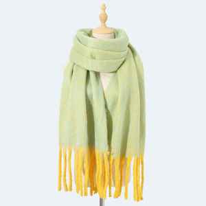 Écharpe longue classique en acrylique, couleur unie beige avec franges jaunes, pour femme, hiver, isolation thermique, adulte - Product Image 2