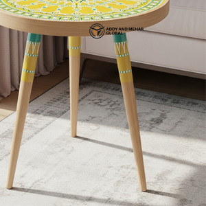 Yellow Meena Design Wooden <b>Stool</b> – Handcrafted <b>Round</b> Decorative Accent <b>Stool</b> for Living Room & Bedroom - Product Image 2
