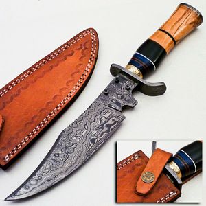 Couteau de chasse Bowie Damas fait main, lame fixe, manche en bois, OEM, marque privée, multifonctionnel, camping, extérieur, cadeau - Product Image 1