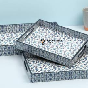 Ensemble de 3 plateaux de service de cuisine en émail géométrique bleu, plateaux décoratifs en MDF, design élégant, adaptés aux aliments - Product Image 4