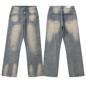 Jean en denim déchiré coupe droite taille mi-haute pour homme, décontracté, en coton uni, style hiver, lavage effet neige, séchage rapide - Product Image 1