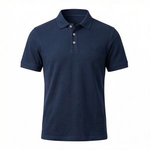 เสื้อโปโลแขนสั้นสีกรมท่าสำหรับผู้ชาย ผ้าฝ้าย สีพื้น สวมใส่สบาย ไม่ยับ ทรงปกติ ดีไซน์โลโก้ด้านหน้า - Product Image 1