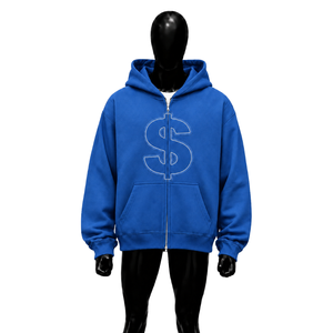 Sweat à capuche bleu oversize avec logo dollar brodé, streetwear personnalisé, unisexe, tendance - Product Image 1