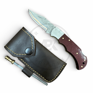 Couteau pliant artisanal en acier Damas avec logo personnalisé, verrouillage arrière, pour la chasse, EDC, allume-feu, lame en acier inoxydable, manche en bois - Product Image 2