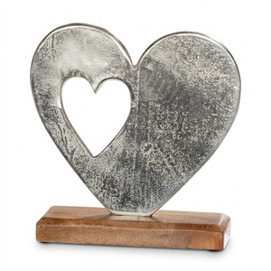 Sculpture de cœur en métal rustique avec base en bois, finition vieillie artisanale, décoration de table, thème de la Saint-Valentin, amour - Product Image 1