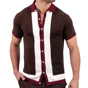 Polo à manches courtes pour homme, respirant, 100% coton tricoté, entièrement boutonné, à rayures et blocs de couleur, idéal pour l'été – Vente chaude - Product Image 4