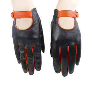 Leather Driving Gloves Black with Orange Trim Adjustable Wrist Strap Unisex All Seasons - Product Image 2