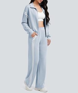 Conjunto Deportivo de 2 Piezas para Mujer Casly Lamiit, Sudadera con Cierre y Pantalones Anchos a Rayas en Contraste, Traje Deportivo para Viaje - Product Image 2
