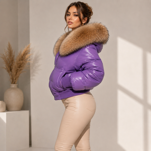 Veste matelassée en cuir véritable pour femme avec capuche en fourrure de renard, fermeture éclair à carreaux, vêtements d'extérieur chauds pour l'hiver - Manteaux de luxe S-XXL - Product Image 5
