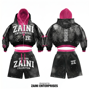 Ensemble court à capuche respirant pour homme en molleton de coton 340 GSM, noir et rose, avec logo appliqué personnalisé et panneau effet vieilli - Product Image 1