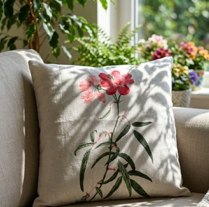 Housse de coussin décorative en coton texturé aux tons neutres et rose rougeâtre, motifs botaniques, approvisionnement international en gros 18X18 - Product Image 2