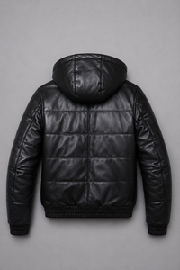 Blouson matelassé en cuir pour homme avec options de col en tricot et capuche, coloris noir et marron, fermeture éclair sur le devant, hiver - Product Image 5