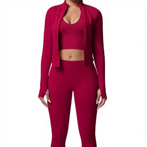 Conjunto de yoga de 3 piezas sin costuras con top corto, leggings y chaqueta de color sólido, de cintura alta y largo completo, ropa deportiva para entrenamiento físico. - Product Image 1