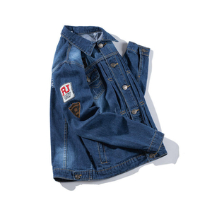 Blouson en jean pour homme style universitaire, design à patchs, col rabattu, coupe ample, respirant, doublure polaire, effet délavé - Product Image 3