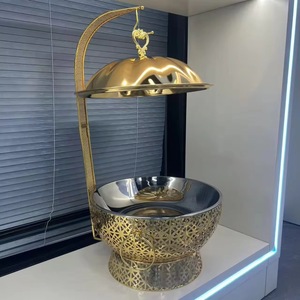 Recipiente para Calentar Comida Tipo Buffet, Redondo, de Acero Inoxidable Dorado de Lujo, con Base Decorada, para Catering, Hoteles y Banquetes - Product Image 6