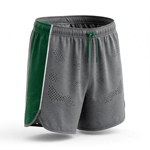Shorts de sport décontractés pour homme en tissu peigné gris-vert avec logo personnalisé, taille élastique respirante, couleur unie et bande latérale - Product Image 5
