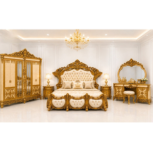 Juego de Muebles de Dormitorio de Lujo Estilo Turco, Juego de Muebles de Dormitorio Tallados en Oro de Lujo con Cama, Armario y Cómoda, EE. UU. - Product Image 1