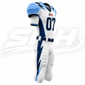 Uniforme de football américain personnalisé blanc marine pour hommes, maillot sublimé à col en V avec pantalon de jeu rembourré, numéro personnalisé, kit d'équipe - Product Image 3