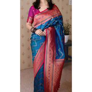 ผ้าไหมบานาราซีสีน้ำเงิน ลายซิกแซก ปักดิ้นมีนาการี ผ้าทอซารี ชุดอินเดียและปากีสถาน ผ้าทอระดับพรีเมียม 650 กรัม - Product Image 2