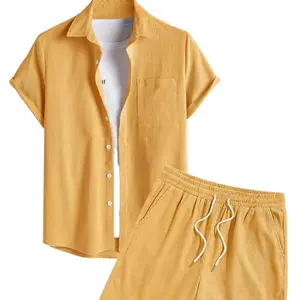 Men's 2 Piece Outfits Casual Basic Solid Color Pocket Corduroy Short Sleeves Button Up Shirt And Drawstring Shorts Set