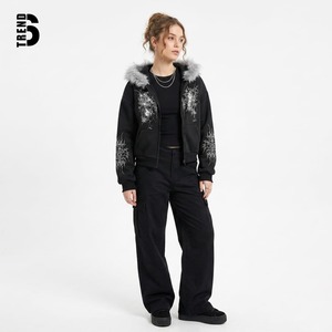 Sudadera con capucha personalizada para mujer con cremallera, estilo Y2K, gráfico de telaraña con pedrería, de peso pesado, oversize, estilo streetwear, con ribete de piel sintética - Product Image 2
